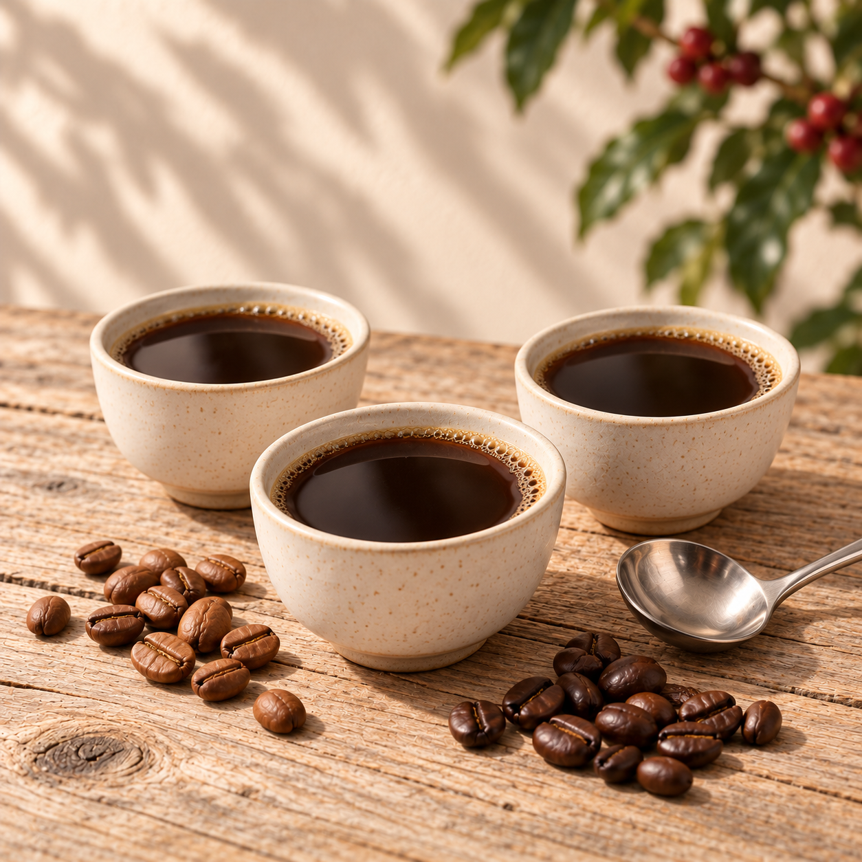 Coffee tasting bowls on a weathered wood table